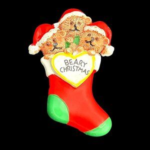 Beary Christmas Teddy Bears Stocking Brooch Holiday Accessory Red & Green 2.25"